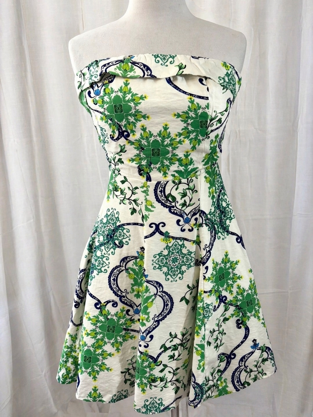 New CUPSHE Strapless Floral Print Fit & Flare Dress Green/Navy Women's Sz Large